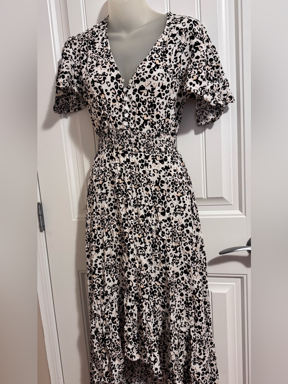 Abel The Label Floral Leopard Print V-Neck high low Smocked Waist Dress XS